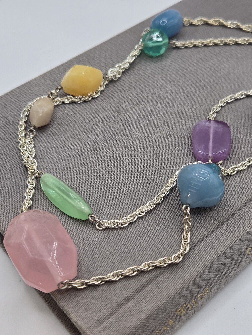 Chunky Rainbow Bead Silver Choker Necklace 80s Clowncore Maximalist